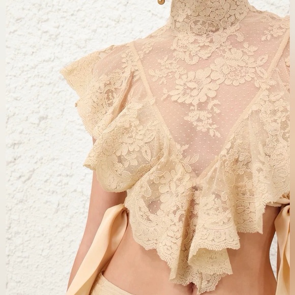 Designer-Style Cream Lace Blouse with Ribbon - Picture 5 of 13